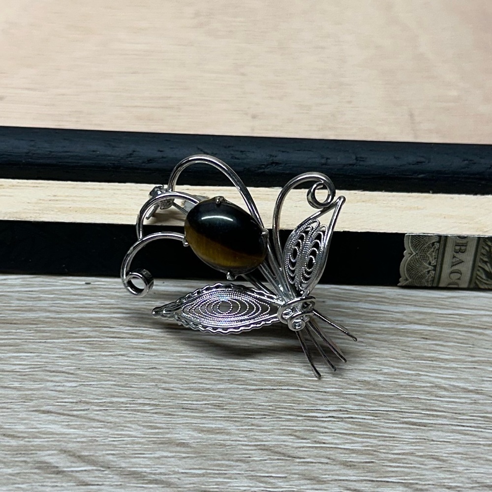 Silver‎ Tone Butterfly Style Brooch with Black and Brown Accents